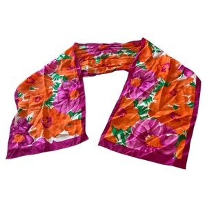 Sacha 100% Silk Floral Scarf Vibrant Orange & Magenta Pink Long Rectangular